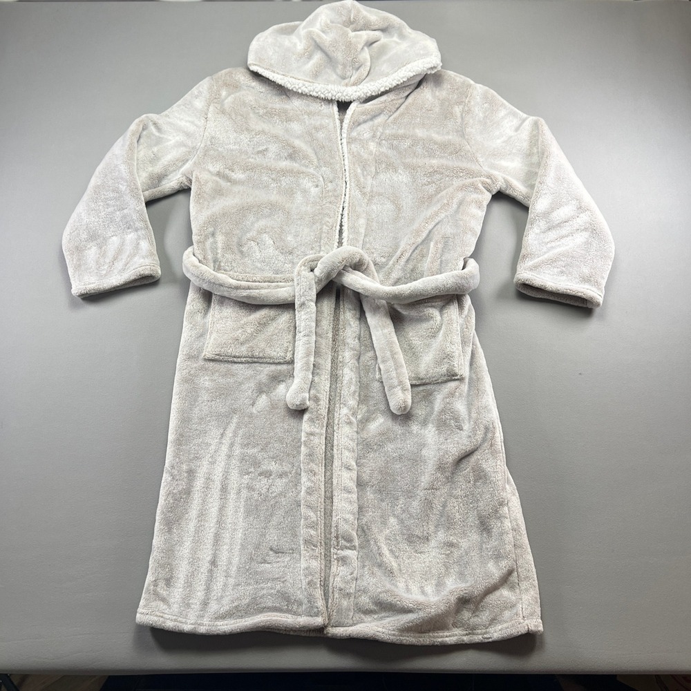 Lounge Bathrobe Womens Gray Fleece Lined Hooded Belted Waist Front Patch Pocket